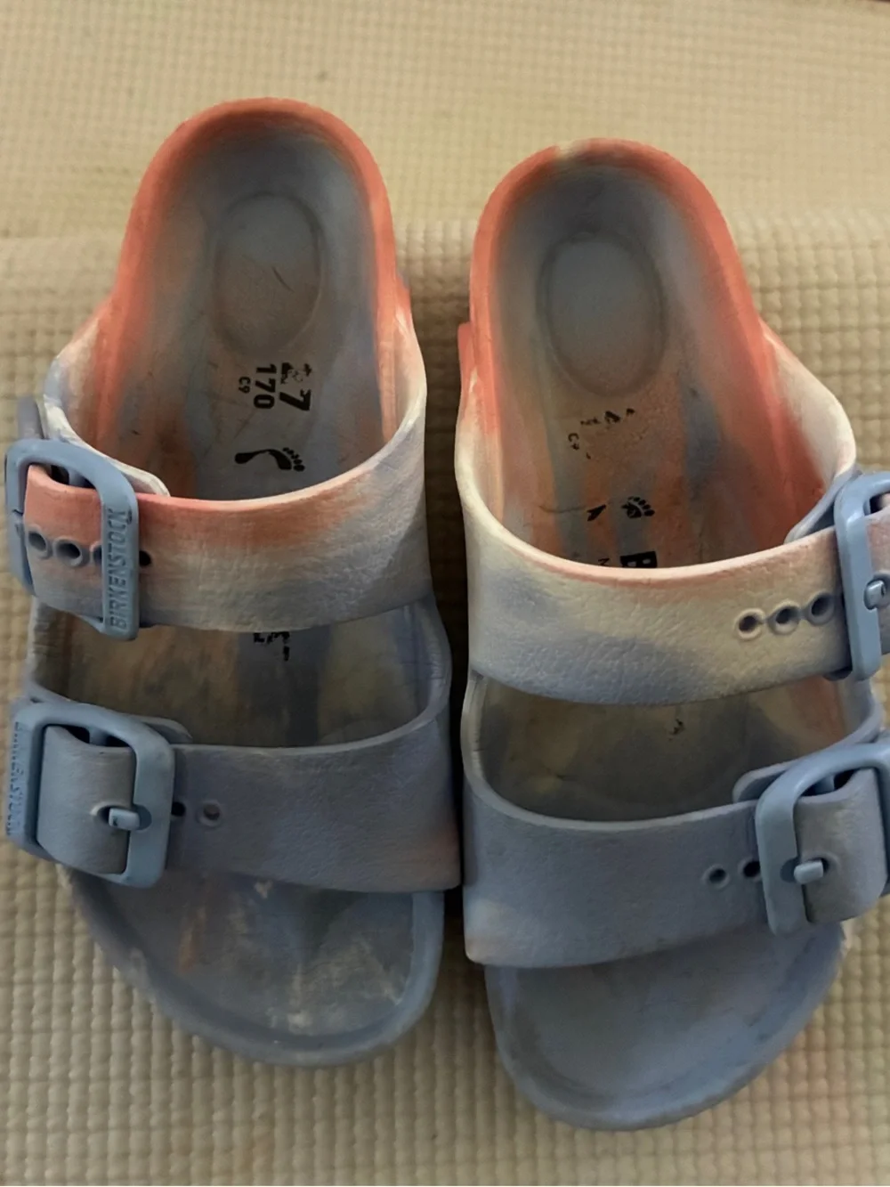 Birkenstock Kids Double-Buckle Slides in Light Blue and Coral size 27eu 9-9.5 us